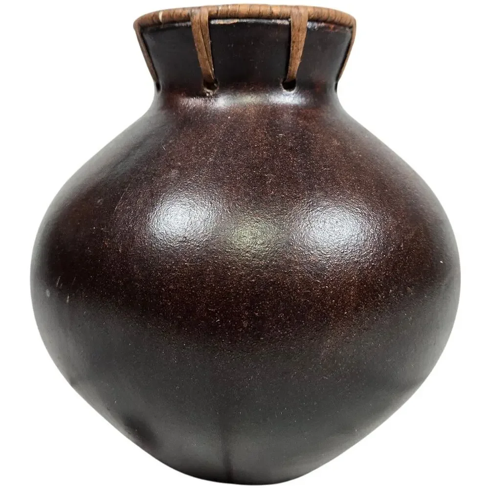 Vintage Dark Brown Gourd Vase Decorative Rustic Woven Neck‎ Accent